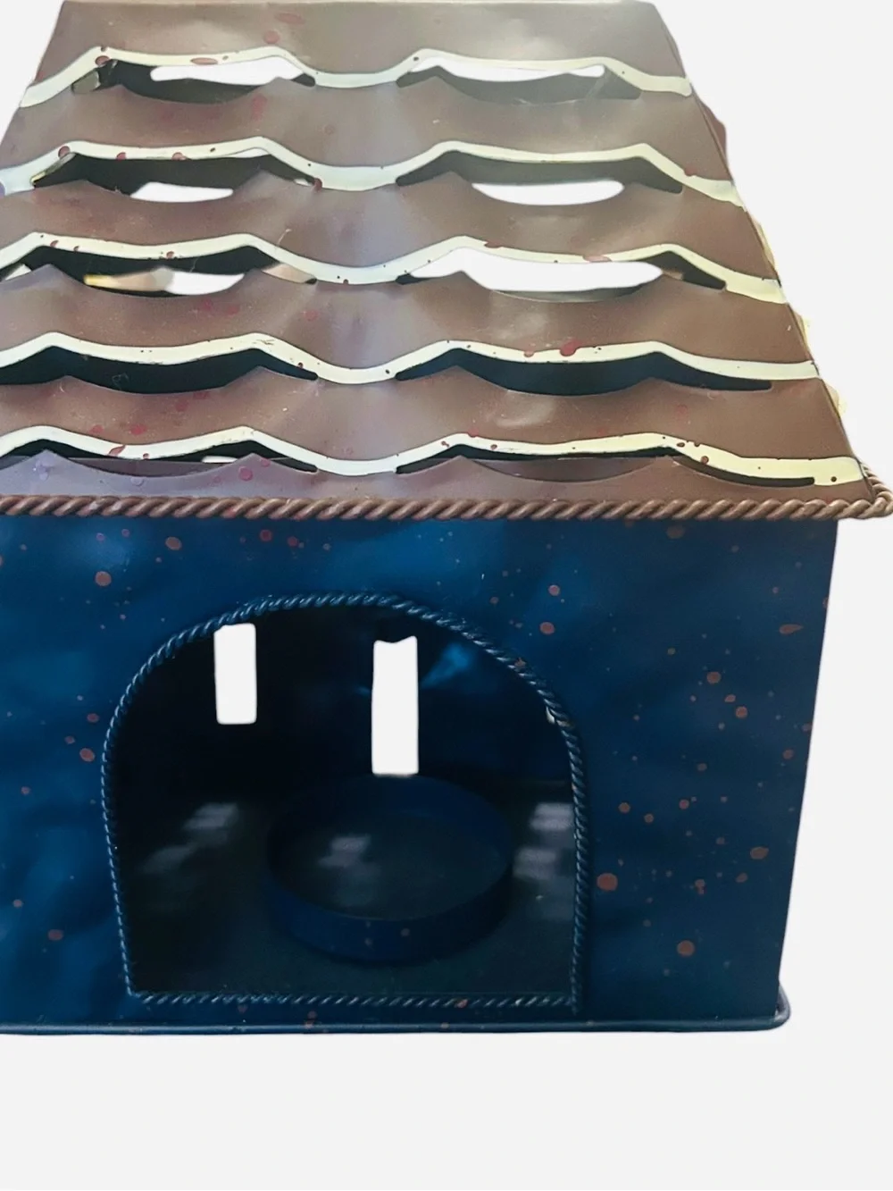 primitive-style blue and brown metal house candle lantern 7X5.5”